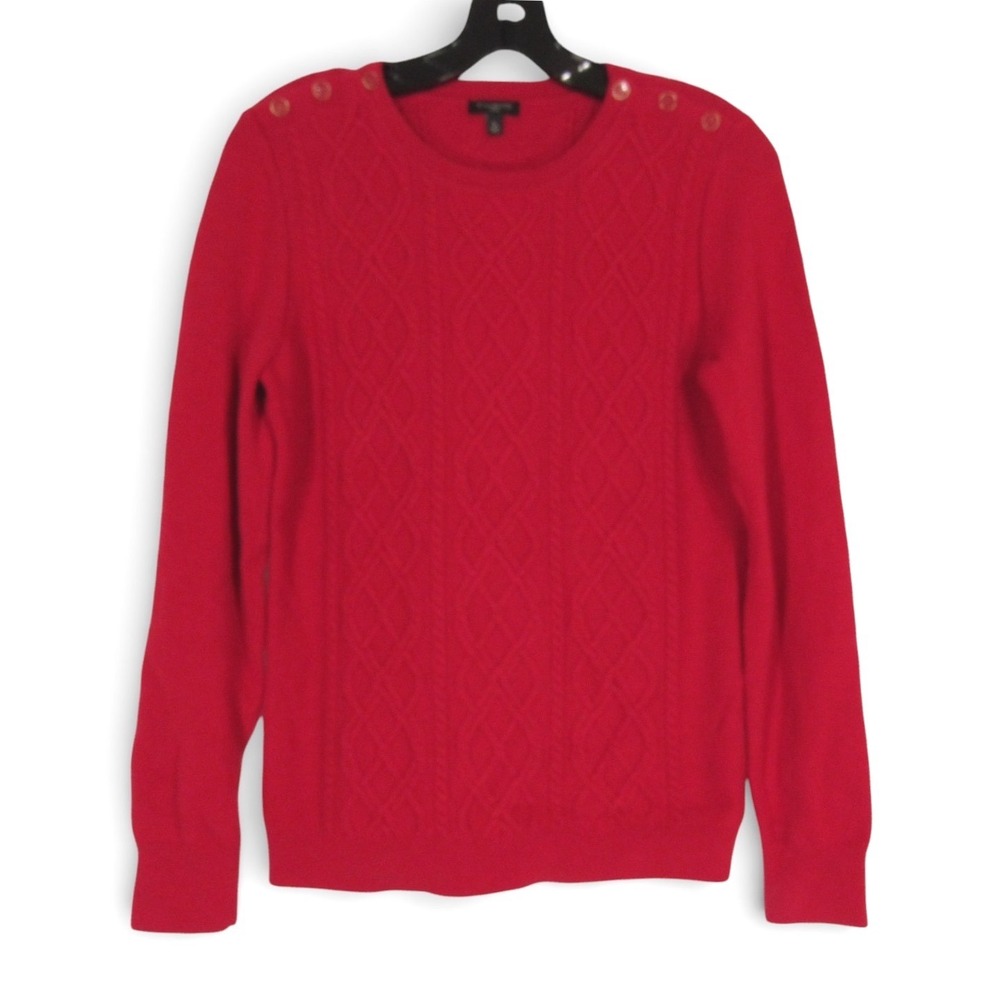 TALBOTS PETITE Red CABLE KNIT Button Shoulders LAMBSWOOL Knit Sweater Sz SP S-P